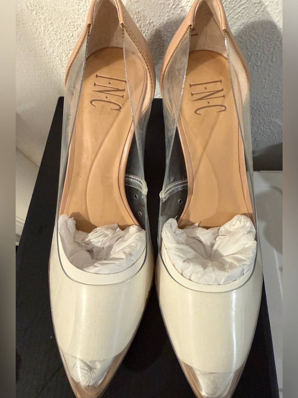 INC International Concepts Cream Pointed-Toe Pumps with Clear Panels